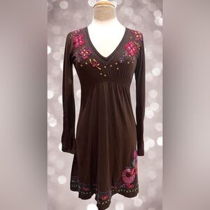 Johnny Was Cotton Embroidered Dress Brown S